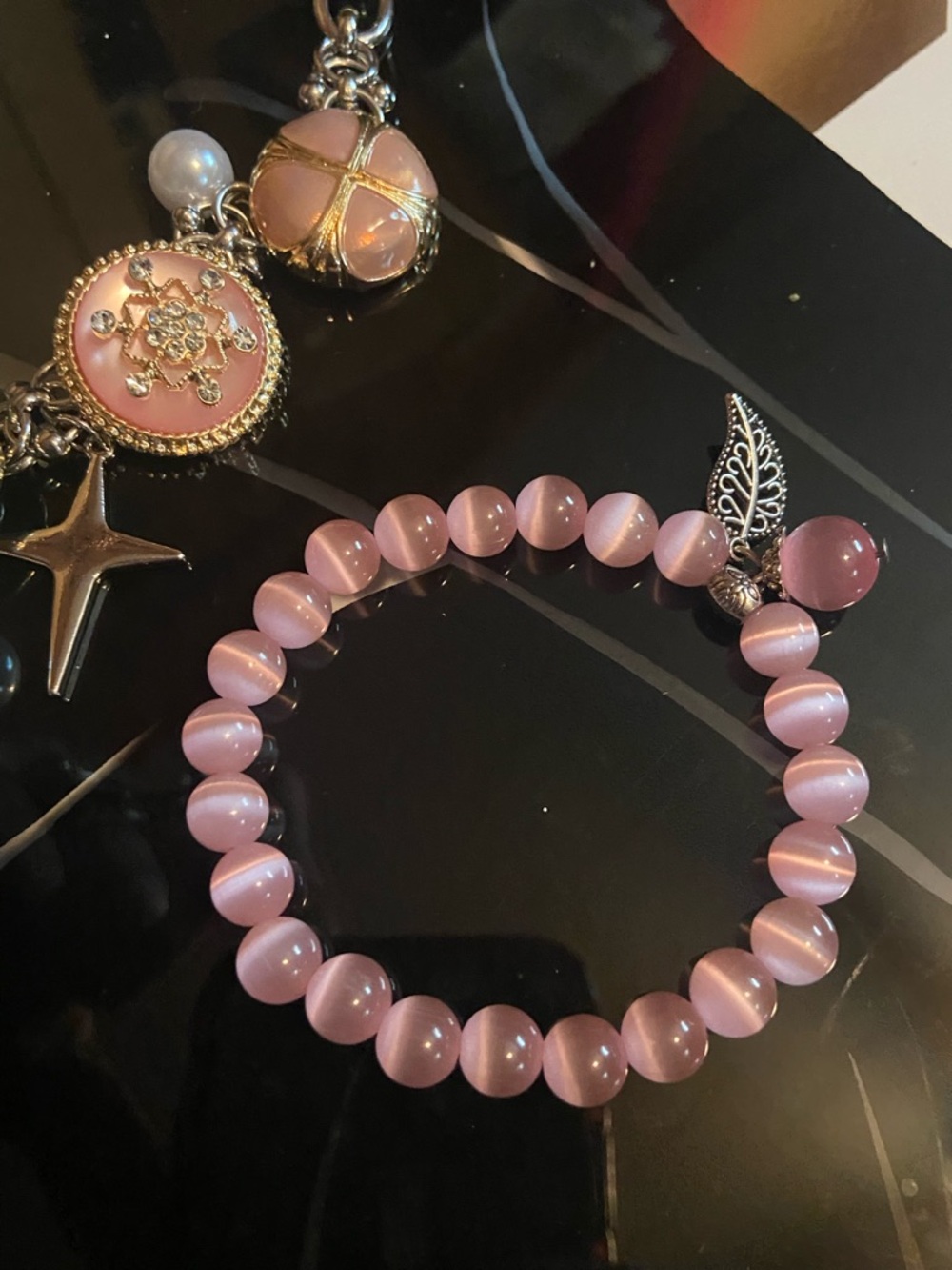 Pink Multi-Charm Women's Necklace and Cats Eye Bracelet Set - Picture 7 of 11